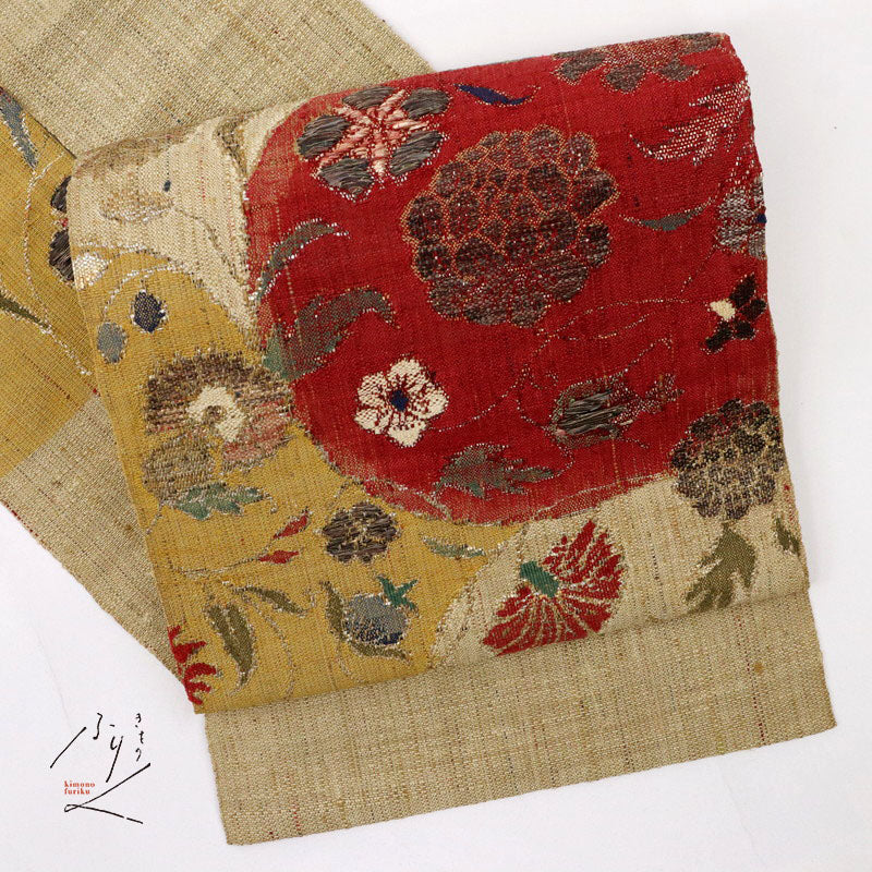 【中古】名古屋帯 ざっくり紬 鮮やか花唐草模様 ベージュ カジュアル 普段着に 長さ364cm 帯巾30cm 正絹着物 NY3-2