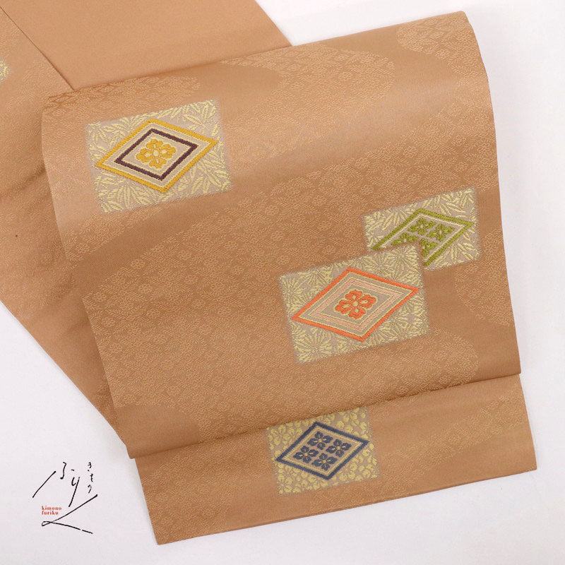 【中古】名古屋帯 重ね花菱模様 焦香色 カジュアル 長さ363cm 帯巾31cm 正絹着物 NY3-6