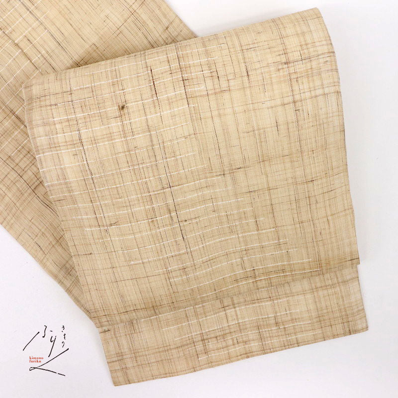 【新品】夏の麻『長沙上布』名古屋帯 スクイ手織り 横段 カジュアル 生成り色 長さ378cm 帯巾30.5cm 着物 NY5-43