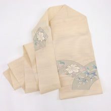 画像をギャラリービューアに読み込む, 【中古】夏 名古屋帯『絽つづれ』地紙に花模様 カジュアル 生成り色 長さ377.5cm 帯巾30.5cm 正絹着物 NY5-46
