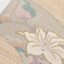 画像をギャラリービューアに読み込む, 【中古】夏 名古屋帯『絽つづれ』地紙に花模様 カジュアル 生成り色 長さ377.5cm 帯巾30.5cm 正絹着物 NY5-46
