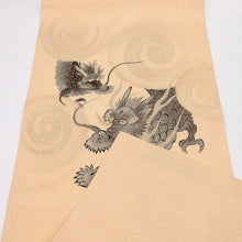 画像をギャラリービューアに読み込む, 【中古】夏 名古屋帯 紋絽 舞風と龍 肌色 カジュアル 牡丹格子地紋 長さ367.5cm 帯巾30.5cm 正絹着物 NY5-50
