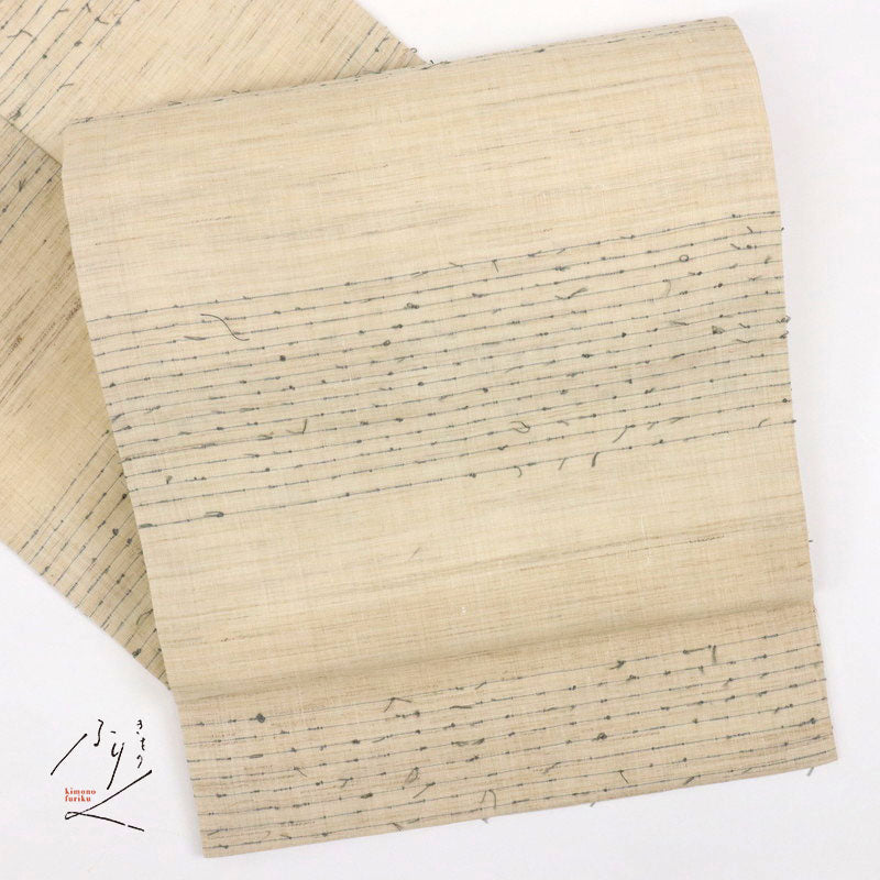 【中古】夏の麻 『長沙上布』名古屋帯 スクイ手織り 横段 カジュアル 生成り色 和装 きもの 着物 NY6-48
