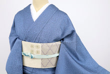 画像をギャラリービューアに読み込む, 【中古】上質 お召 付下げ 重ね雪輪 花唐草地紋 背紋有 青色 身丈162cm 裄丈66.5cm msize 仕立て上がり 袷正絹着物　SA12-1
