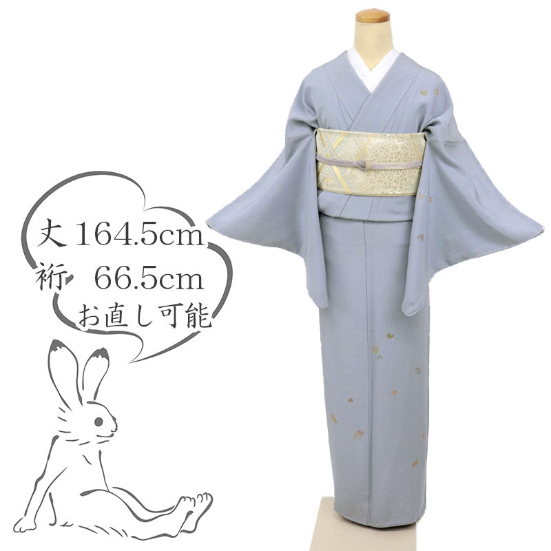 【中古】長尺 刺繍 付下げ 半月模様 寿光織り セミフォーマル 灰青 身丈164.5cm 裄丈66.5cm 袷正絹着物 SA3-6