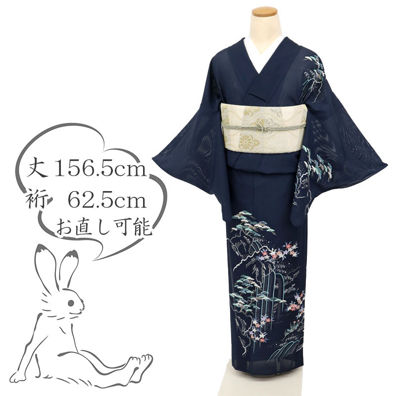 【中古】夏着物『絽』付下げ 涼やか滝の流れる植物風景美 フォーマル 略礼装 濃紺 身丈156.5cm 裄丈62.5cm 正絹 SA5-8