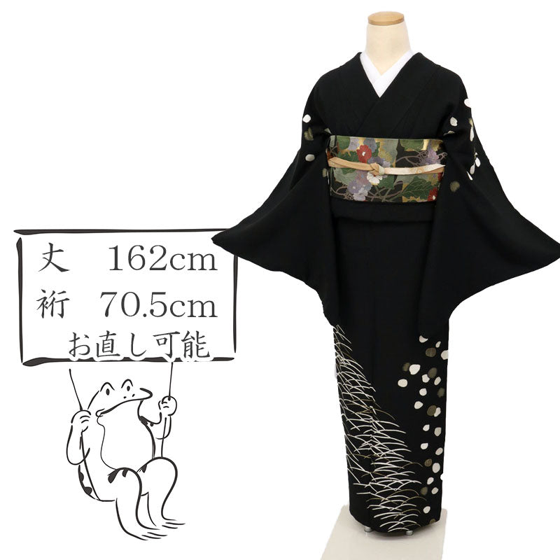 【中古】刺繍 付下げ『蘇州刺繍』芝文に舞う霰模様 セミフォーマル 黒地 身丈162cm 裄丈70.5cm 袷正絹着物 SB1-18