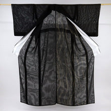 画像をギャラリービューアに読み込む, 【中古】長尺 希少『紗袷』小紋 角散らしのゆらぎと植物の縞 カジュアル 黒 身丈168cm 裄丈67cm 正絹着物 SB8-3
