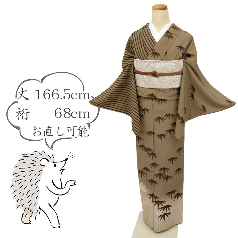 【未使用品】長尺『撫松庵』洗える♪単衣着物 カジュアル 付下げ 竹縞に雀 身丈166.5cm 裄丈68cm 化繊 SC9-2