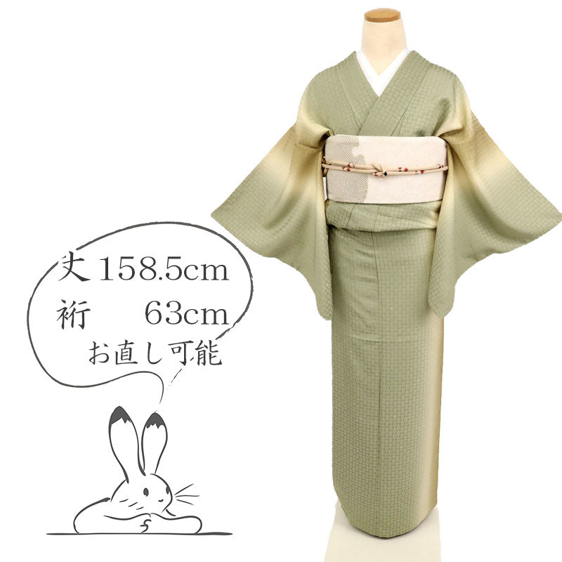 【中古】特選 小紋 しっとり筋ぼかしライン カジュアル グリーン×茶 身丈158.5cm 裄丈63cm 和装きもの 袷正絹着物 SG12-6