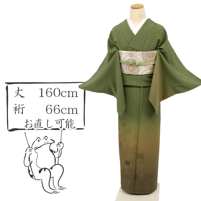 【中古】豪華刺繍 付下げ しっとり霞に花唐草模様 フォーマル 略礼装 緑グリーン 身丈160cm 裄丈66cm 袷正絹着物 SG3-7