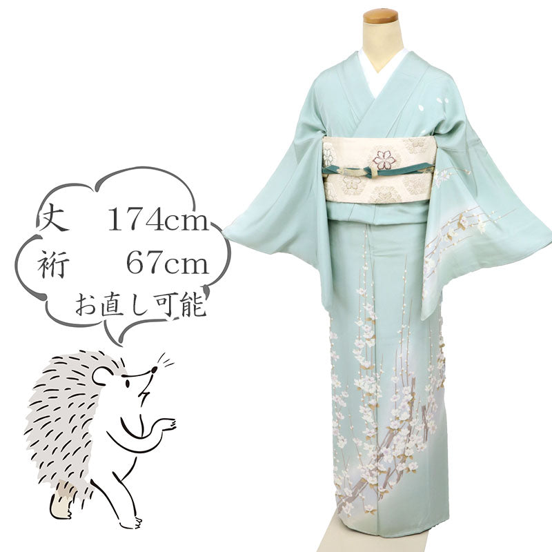 【中古】長尺 訪問着 しっとり花桃の花模様 淡いグリーン フォーマル 略礼装 身丈174cm 裄丈67cm 袷正絹着物 SG4-5