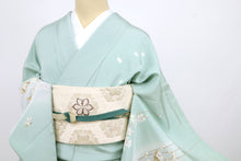 画像をギャラリービューアに読み込む, 【中古】長尺 訪問着 しっとり花桃の花模様 淡いグリーン フォーマル 略礼装 身丈174cm 裄丈67cm 袷正絹着物 SG4-5
