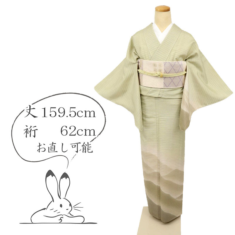 【中古】単衣 塩沢お召 付下げ 重なる遠山風景 外出着 淡い黄緑 身丈159.5cm 裄丈62cm 和装 正絹着物 SG7-3