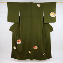 画像をギャラリービューアに読み込む, 【中古】長尺 付下げ 彩りぽっくり下駄 濃緑 セミフォーマル ちりめん地 身丈172.5cm 裄丈68.5cm 袷正絹着物 SG9-8
