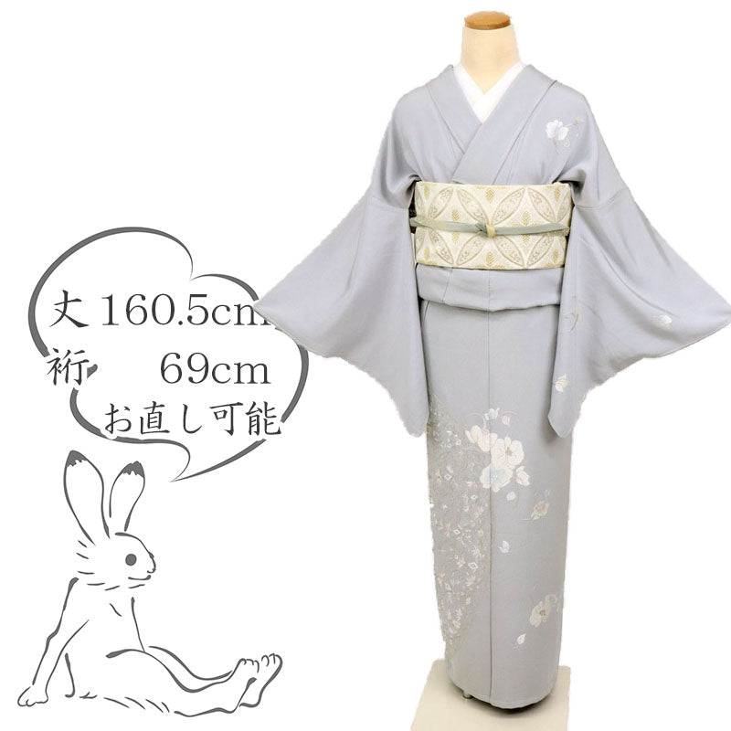 【中古】刺繍 付下げ『山口美術織物』蘭に花唐草 セミフォーマル グレー 身丈160.5cm 裄丈69cm 袷正絹着物 SH10-26 msize