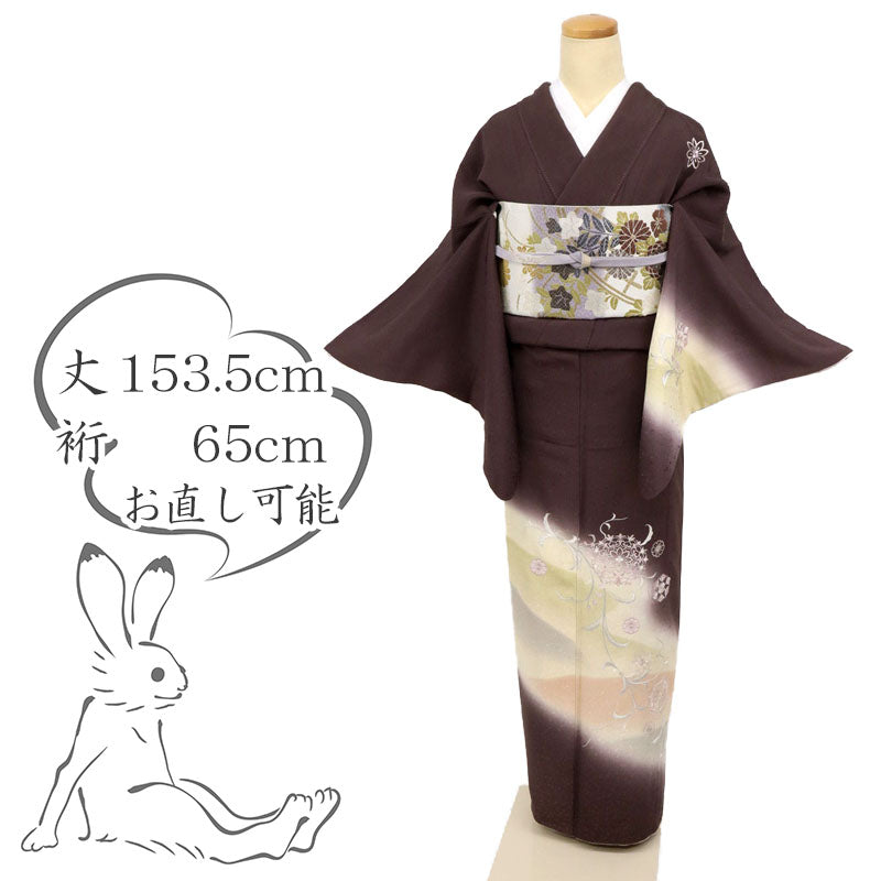 【中古】豪華刺繍 付下げ 宝相華の花束模様 フォーマル 黒鳶色 紫 略礼装 身丈153.5cm 裄丈65cm 袷正絹着物 SP11-1 ssize