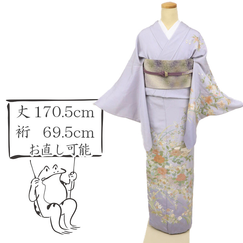 【中古】長尺 豪華『汕頭刺繍』付下げ 地紙に牡丹花々模様 フォーマル 略礼装 藤色 パープル紫 身丈170.5cm 裄丈69.5cm 袷正絹着物 SP11-7