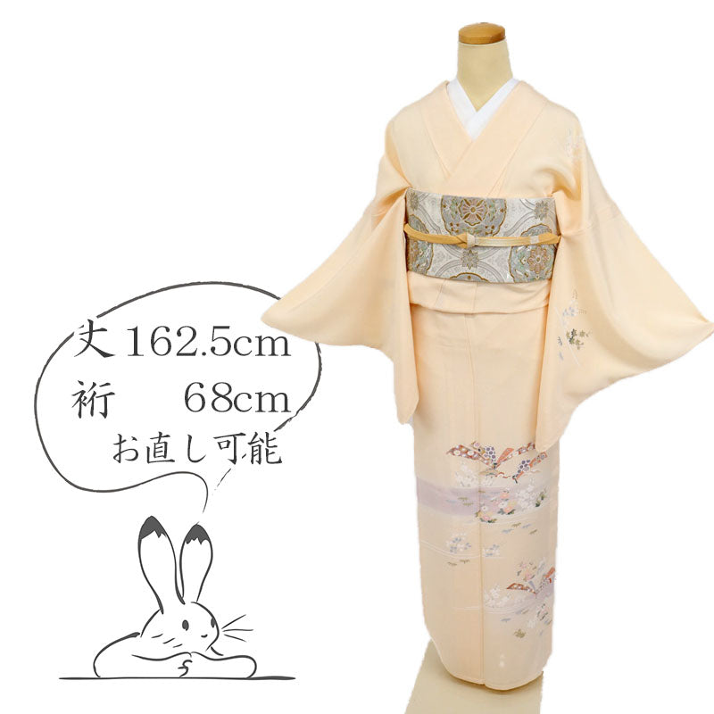 【中古】単衣 付下げ シンプル 霞に吉祥文松竹梅秋草 肌色 正絹着物 カジュアル 身丈162.5cm 裄丈68cm ST9-10