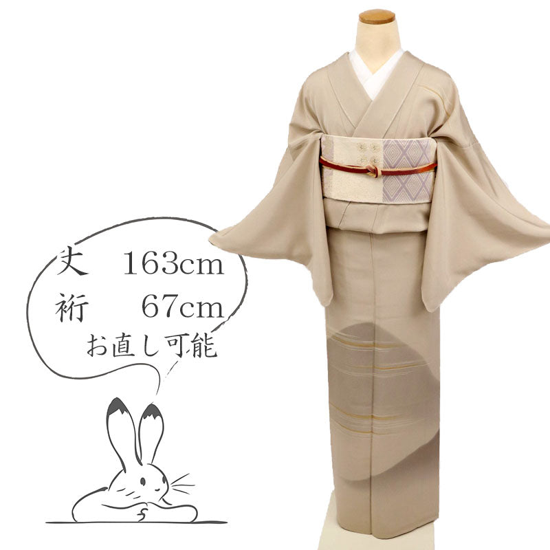 【中古】単衣 長尺 付下げ 遠山に霞風景模様 セミフォーマル 略礼装 淡いベージュ グレージュ 身丈163cm 裄丈67cm 正絹着物 SY10-15 lsize トールサイズ