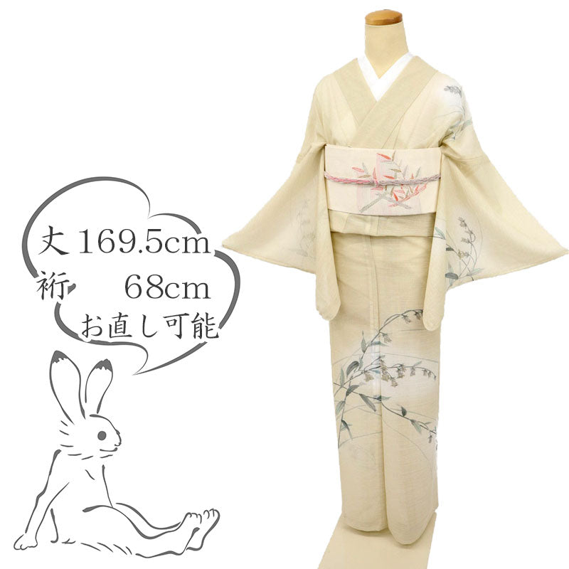 【中古】長尺 洗える夏着物 付下げ 釣鐘草 淡い生成り色 身丈169.5cm 裄丈68cm 化繊着物 SY7-7