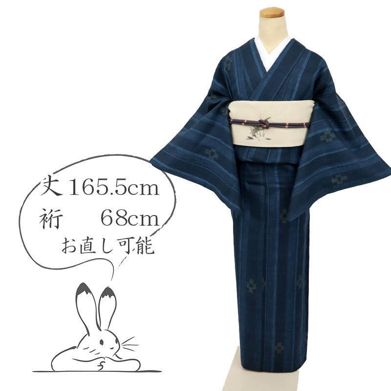 【中古】長尺 単衣 紬 細やか縞に絣模様 濃淡紺色 カジュアル 身丈165.5cm 裄丈68cm 単衣着物 TA5-12