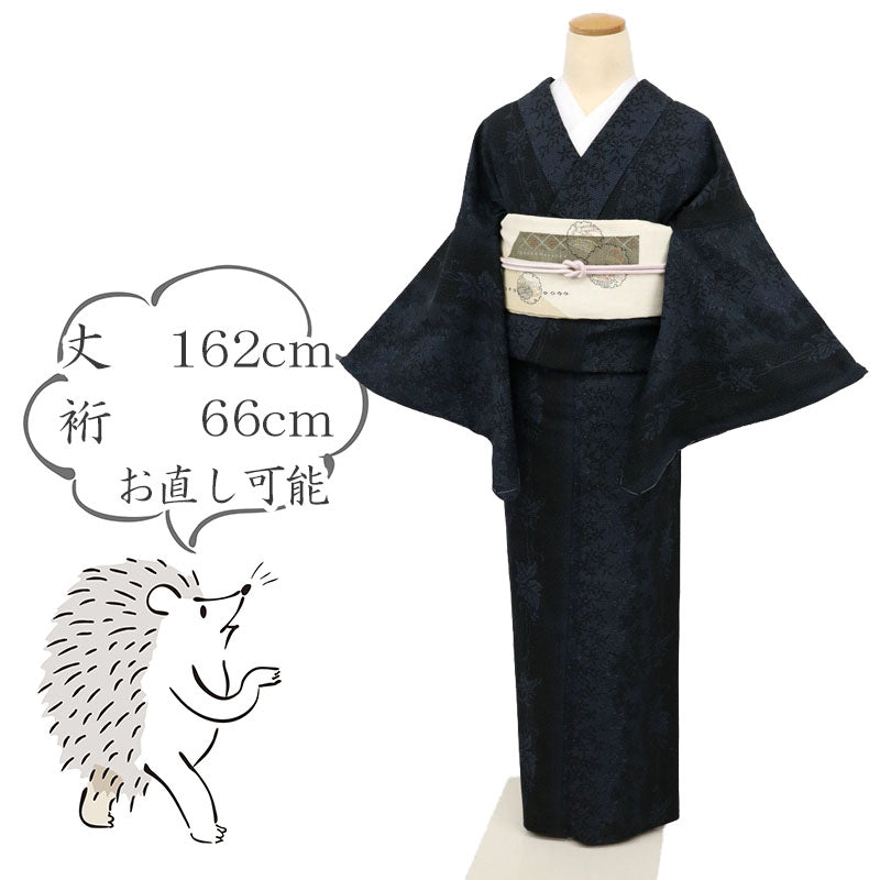 【中古】単衣『塩沢絣』お召 雪塩沢 植物唐草片寄せライン カジュアル 濃紺 身丈162cm 裄丈66cm 正絹着物 TA5-6