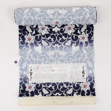画像をギャラリービューアに読み込む, 【新品】 反物 『召しませ華』綿麻『近江ちぢみ』花唐草 黒紺×水色 麻85％ 綿15％ 長さ12.5cm 反巾39cm 日本製 夏着物 きもの 和装 反24-22
