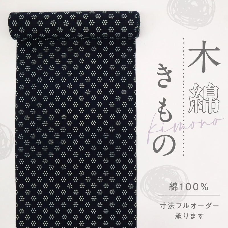 印花布 反物 型染め花模様 中国藍染 濃紺 長さ10.1ｍ 反巾37.5cm カジュアル お仕立て可 和装 きもの 木綿着物 反24-291