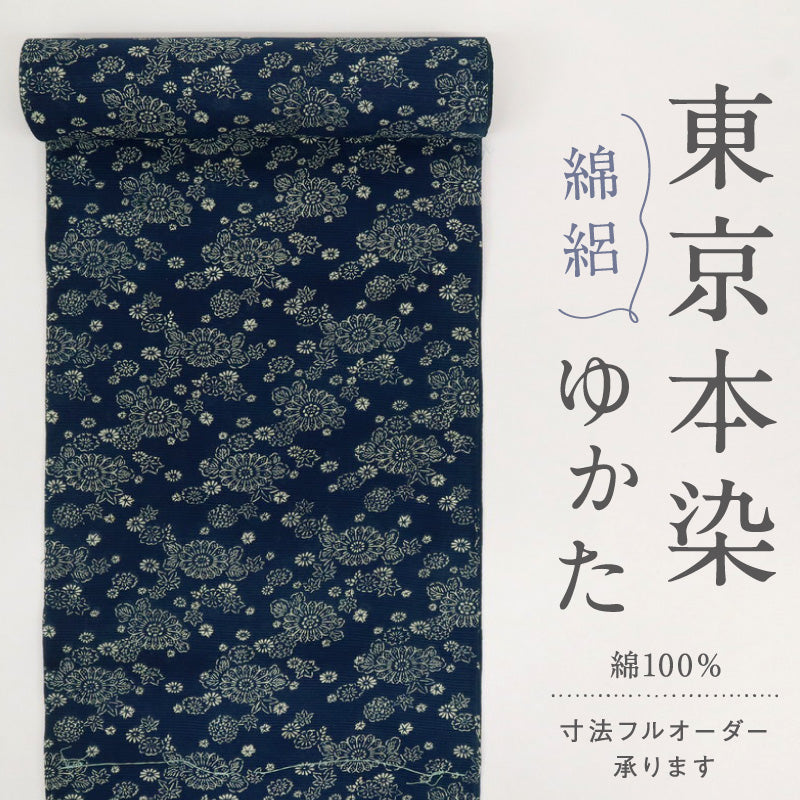 浴衣反物 東京本染め 長板正藍染 綿絽 菊花古典柄 紺 夏着物 木綿 反巾35cm カジュアル 普段着 反24-80