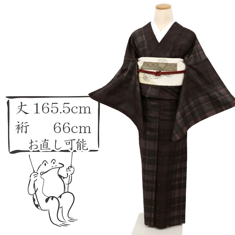 【中古】長尺 単衣 紬 細やか絣の格子チェック柄 黒茶色 カジュアル 身丈165.5cm 裄丈66cm 正絹着物 TC3-10
