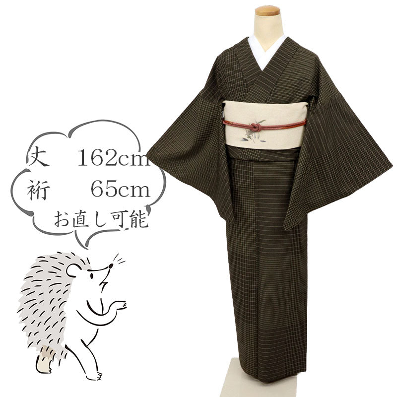 【中古】単衣 塩沢お召 特選着物 小格子の市松模様 黒茶色 カジュアル 身丈162cm 裄丈65cm 正絹着物 TC4-3