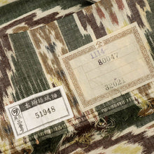 画像をギャラリービューアに読み込む, 【中古】単衣 本場結城紬【奥庄】謹製 民族柄縞 グリーン ふだん着物洗替えに♪ カジュアル 身丈160.5cm 裄丈69cm 正絹 TG12-8
