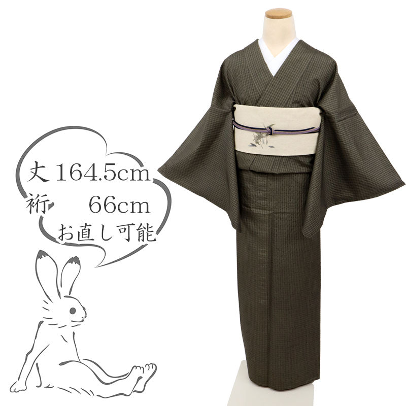 【中古】単衣 長尺 赤城紬 手座繰り 青柳謹製 格子縞 カジュアル 灰茶 身丈164.5cm 裄丈66cm 正絹着物 TG4-2