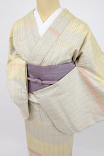 画像をギャラリービューアに読み込む, 【中古】長尺 紬 訪問着 横段 細やか格子柄 浅黄色 カジュアル 身丈167cm 裄丈66cm 袷正絹着物 TY10-1
