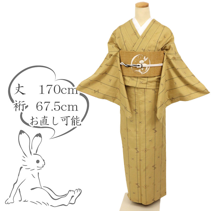 【中古】長尺 特選＊紬 縞に琉球文様絣 カジュアル ベージュ 身丈170cm 裄丈67.5cm 袷正絹着物 TY11-8