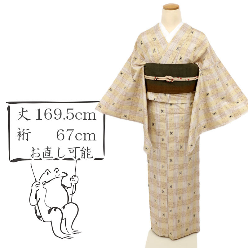 【中古】長尺 単衣『ぜんまい紬』格子に井桁絣 砥粉色 カジュアル 身丈169.5cm 裄丈67cm 単衣着物 TY5-8