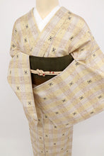 画像をギャラリービューアに読み込む, 【中古】長尺 単衣『ぜんまい紬』格子に井桁絣 砥粉色 カジュアル 身丈169.5cm 裄丈67cm 単衣着物 TY5-8
