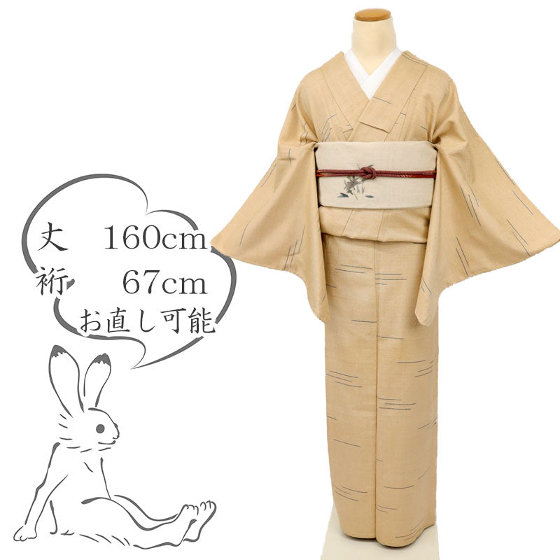 【中古】単衣 希少『ざざんざ織り』紬 横段霞 淡いベージュ カジュアル 身丈160cm 裄丈67cm 正絹 TY7-10