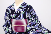 画像をギャラリービューアに読み込む, 【中古】長尺 浴衣 鮮やか植物 菖蒲の花模様 濃紺 カジュアル 木綿 身丈161.5cm 裄丈64.5cm 夏着物 UA5-32
