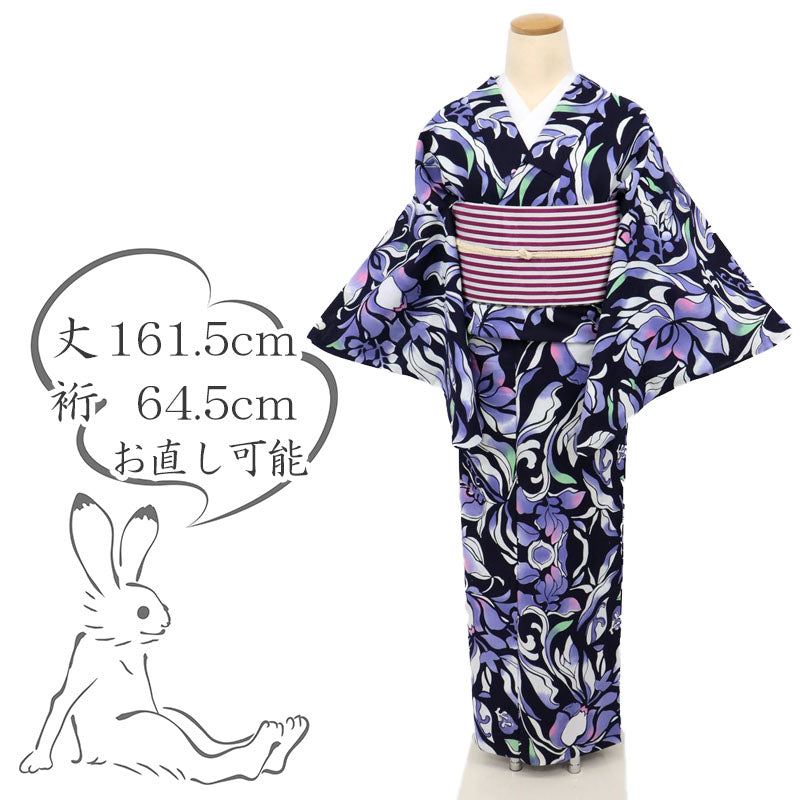 【中古】長尺 浴衣 鮮やか植物 菖蒲の花模様 濃紺 カジュアル 木綿 身丈161.5cm 裄丈64.5cm 夏着物 UA5-32