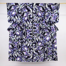 画像をギャラリービューアに読み込む, 【中古】長尺 浴衣 鮮やか植物 菖蒲の花模様 濃紺 カジュアル 木綿 身丈161.5cm 裄丈64.5cm 夏着物 UA5-32
