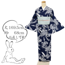 画像をギャラリービューアに読み込む, 【新品】洗える 浴衣 長尺 リボンの花模様 濃紺 化繊 ポリエステル 身丈169.5cm 裄丈68cm 化繊着物 UA5-7
