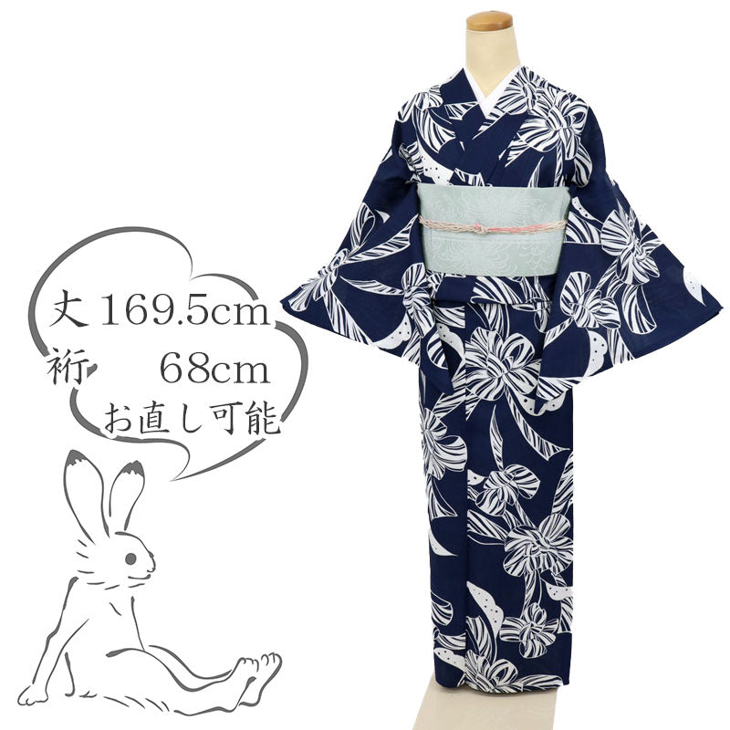 【新品】洗える 浴衣 長尺 リボンの花模様 濃紺 化繊 ポリエステル 身丈169.5cm 裄丈68cm 化繊着物 UA5-7