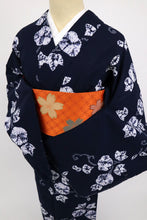 画像をギャラリービューアに読み込む, 【新品】しぼり 浴衣 長尺 あさがおの花模様 カジュアル 濃紺 身丈165.5cm 裄丈70.5cm 木綿着物 UA8-14
