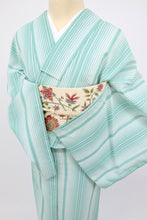 画像をギャラリービューアに読み込む, 【中古】洗える夏着物 紅梅小紋 爽やか縞模様 カジュアル グリーン×白 身丈161.5cm 裄丈66.5cm 化繊着物 UG5-40
