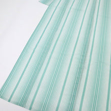 画像をギャラリービューアに読み込む, 【中古】洗える夏着物 紅梅小紋 爽やか縞模様 カジュアル グリーン×白 身丈161.5cm 裄丈66.5cm 化繊着物 UG5-40
