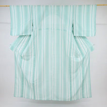 画像をギャラリービューアに読み込む, 【中古】洗える夏着物 紅梅小紋 爽やか縞模様 カジュアル グリーン×白 身丈161.5cm 裄丈66.5cm 化繊着物 UG5-40
