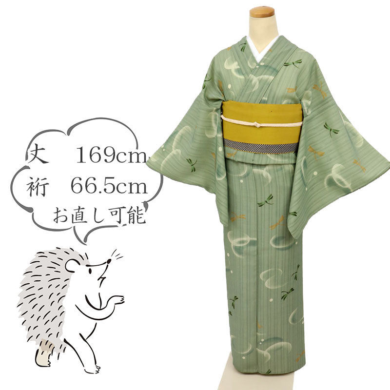 【中古】長尺 洗える夏着物 小紋 縦じまにとんぼ グリーン 化繊着物 ポリエステル 身丈163cm 裄丈65.5cm UG5-41
