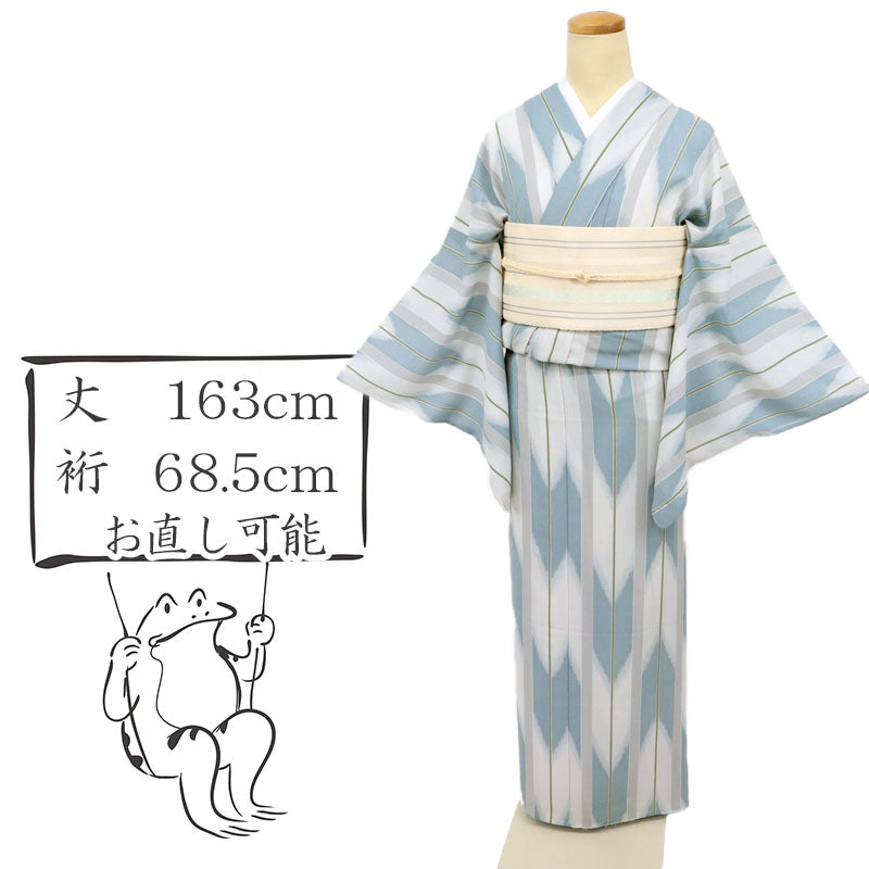 【中古】洗える浴衣 縞に矢絣 レトロ模様 濃淡グレー 化繊着物 ポリエステル 身丈163cm 裄丈68.5cm UH5-38